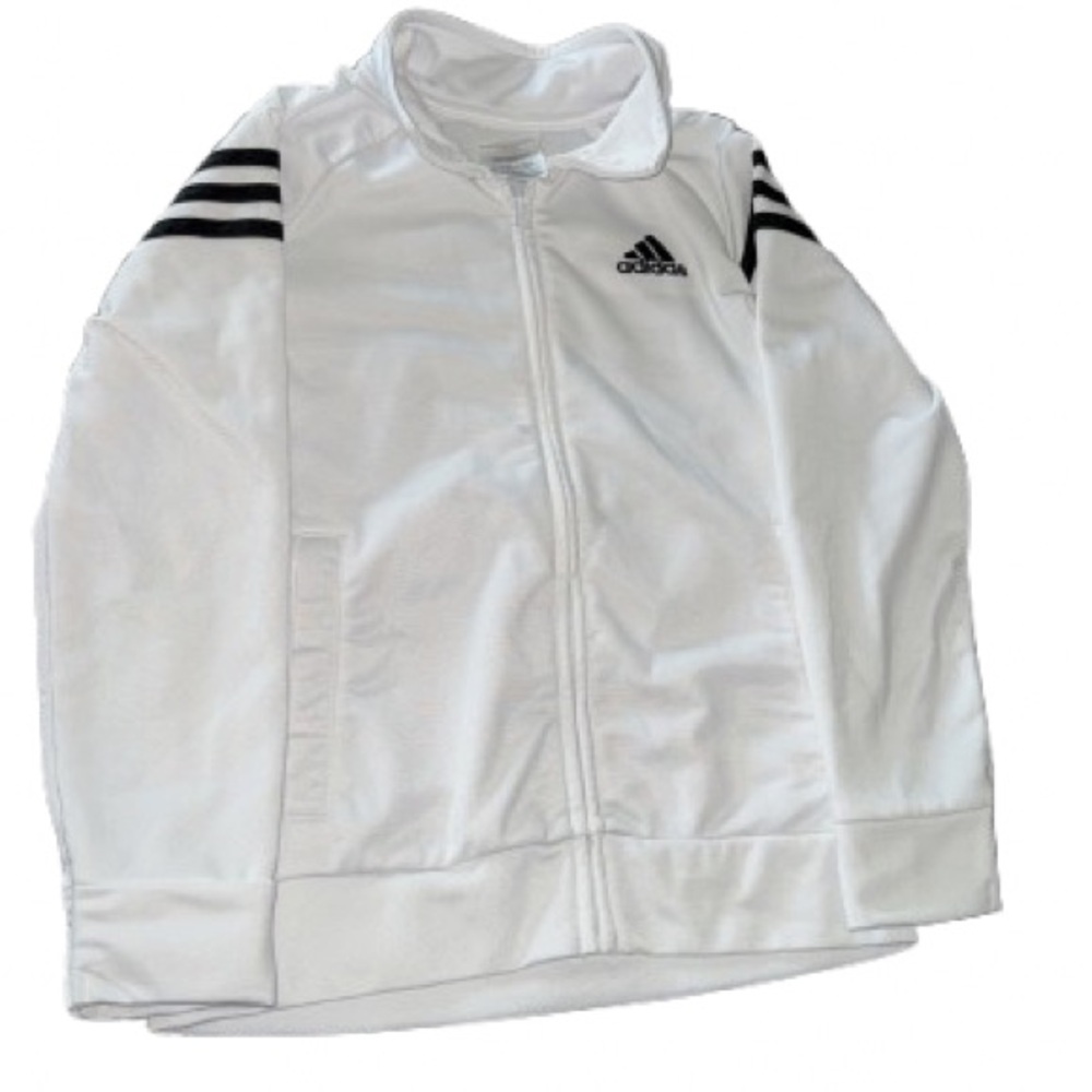 Kids Adidas White Track, soccer, etc. zip up Jacket with Black Stripes